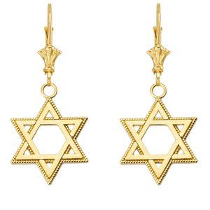 14K Solid Fine Gold Jewish Star of David Earrings